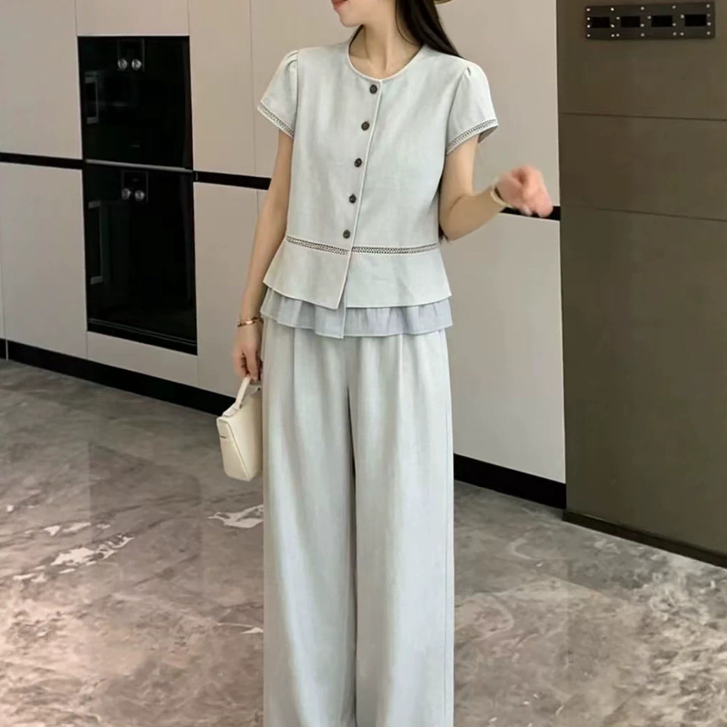 老钱风时尚套装女夏季2026新款气质短袖圆领衬衫高腰阔腿裤两件套