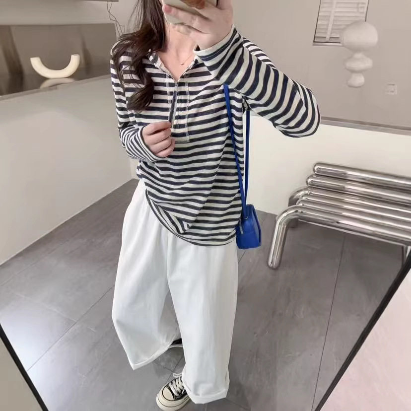 2026年春款T恤长袖女套头连帽拉链新款T恤宽松休闲韩版学院风上衣