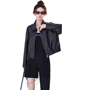 时尚 皮衣女简约百搭韩版 翻领高品质PU皮夹克机车潮流外套 短款 秋季