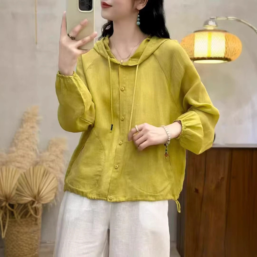 26年春款亚麻衬衫长袖女连帽宽松休闲韩版衬衣上衣慵懒风衬衫亲肤