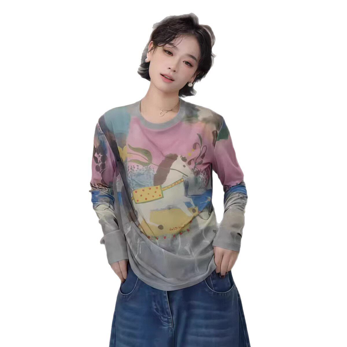 2026年春款T恤长袖女套头扎染T恤宽松休闲新款T恤撞色新款长袖T恤