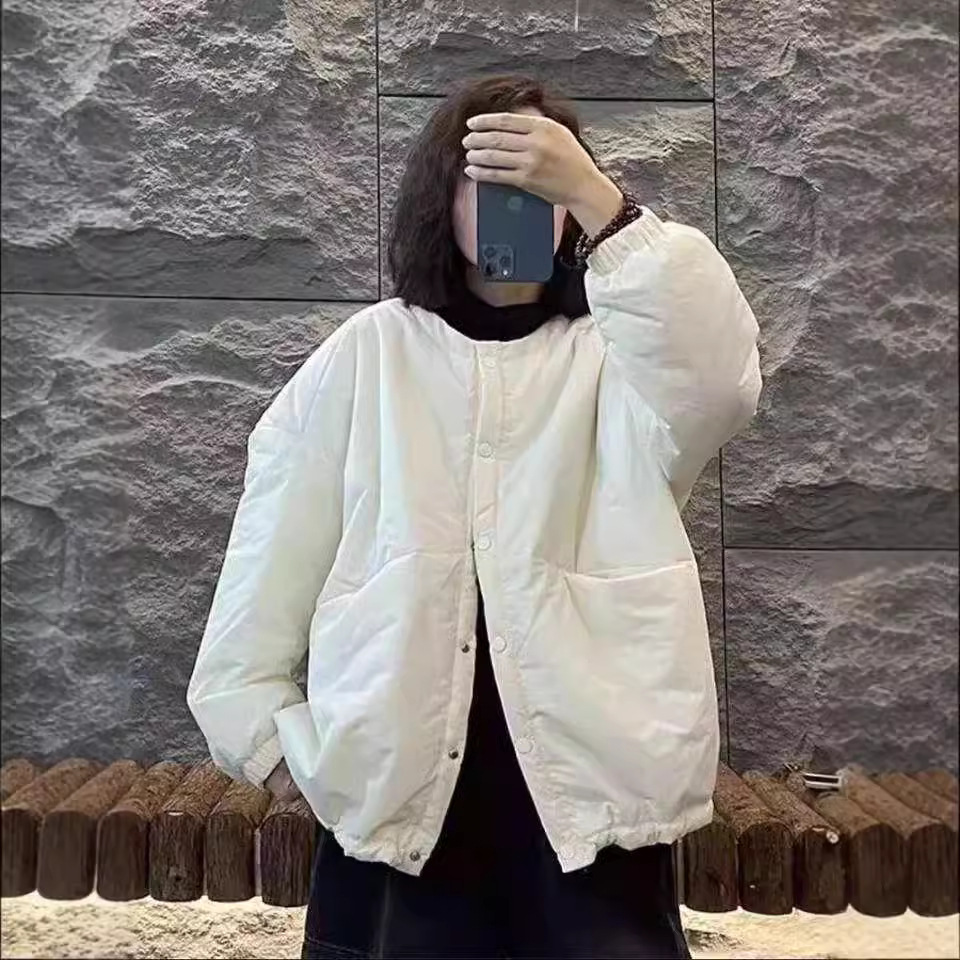 欧货圆领羽绒棉服外套女2023秋冬新款休闲宽松百搭保暖夹棉外套