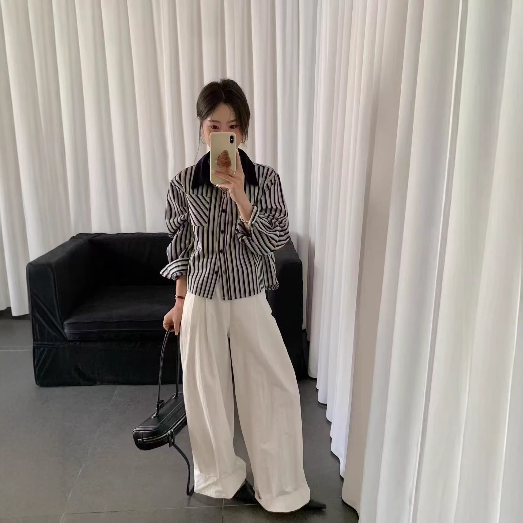 2025年春款衬衫女条纹宽松休闲韩版撞色领衬衣学院风上衣亲肤衬衫