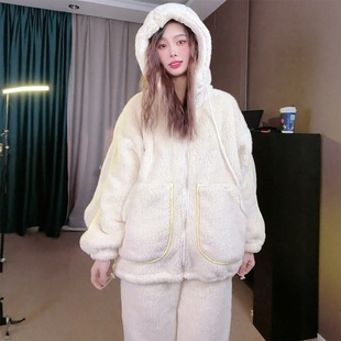 韩系连帽加厚双面绒睡衣女2025冬季新款可外穿宽松休闲家居服套装