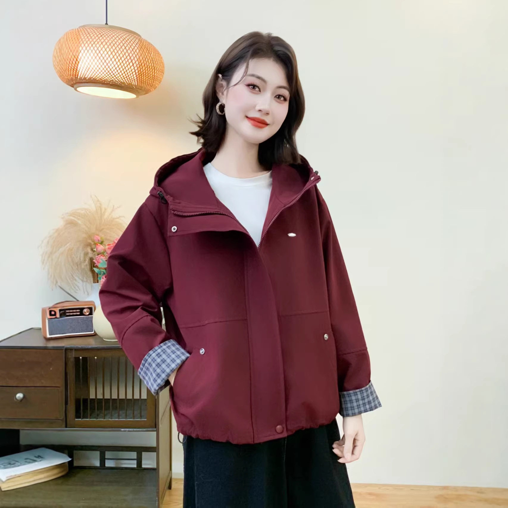 韩系设计感格子拼接冲锋衣外套女春秋连帽风衣小个子工装夹克上衣