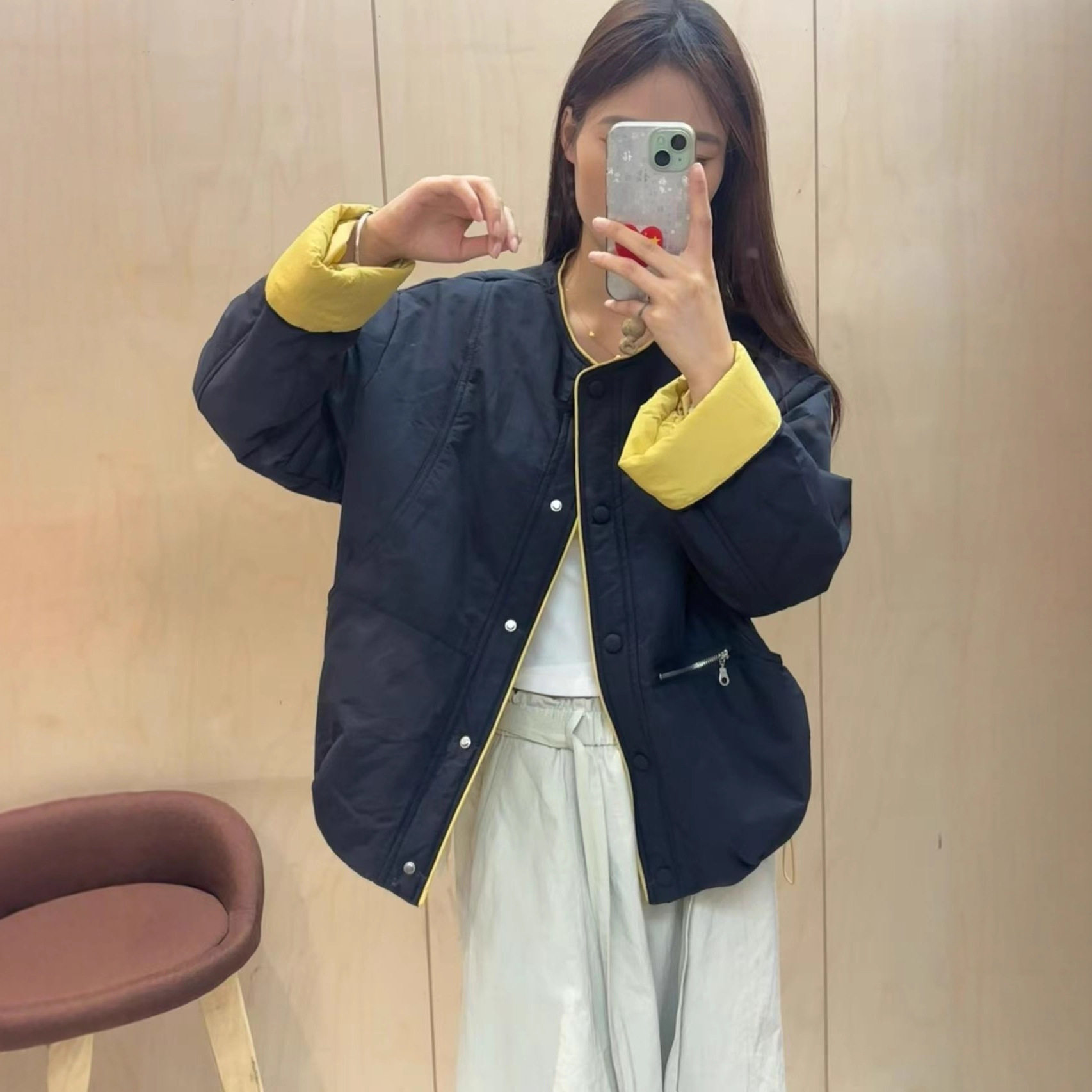 2025冬季新款韩版宽松显瘦圆领棉衣外套女休闲减龄撞色棉服上衣潮