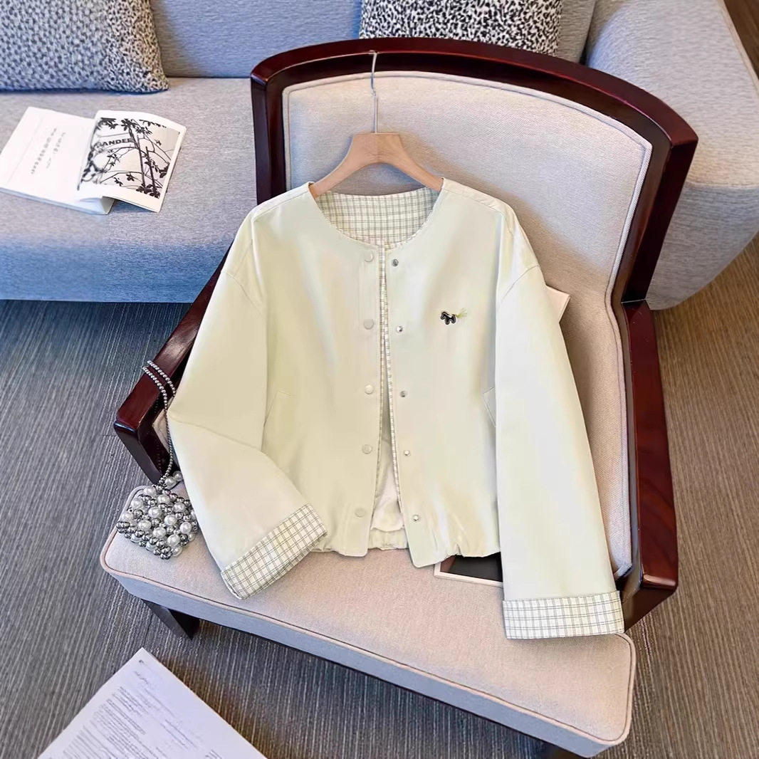 韩系白色时尚格纹拼接圆领外套女2026春季好看洋气短夹克上衣