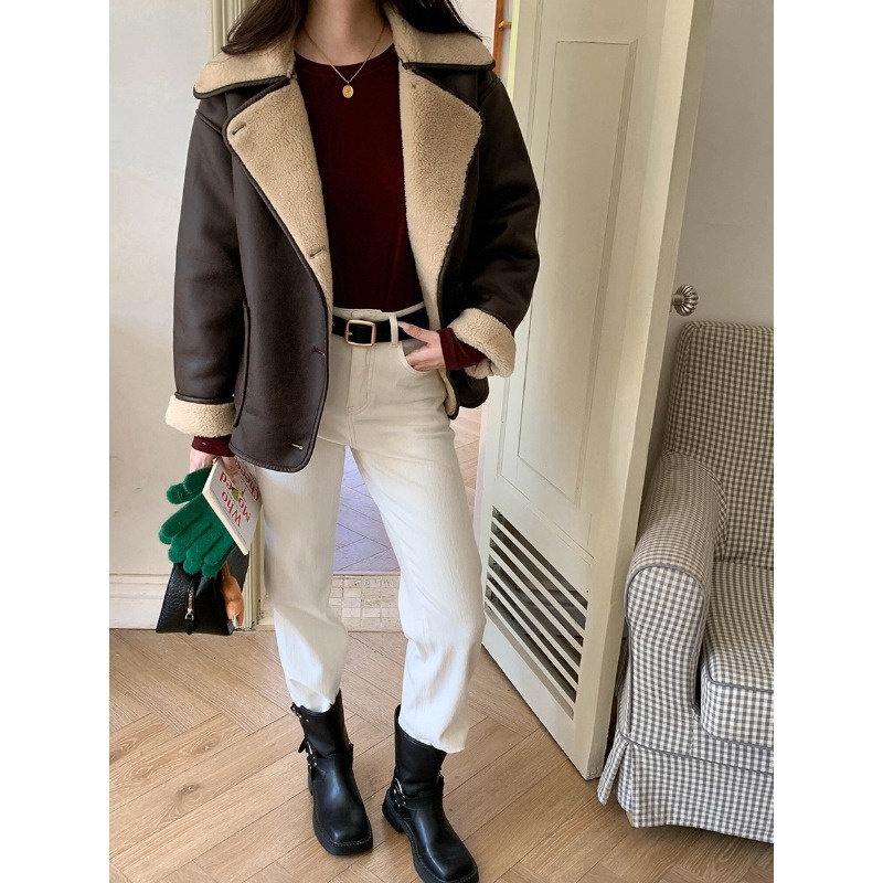 3th Morning 腔调博主风 简约时髦翻领仿皮毛一体外套ZY3383