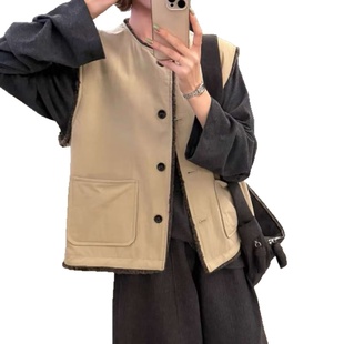 马甲女2025秋冬新款 欧韩货复古简约风廓形百搭网红羊羔毛内胆马夹