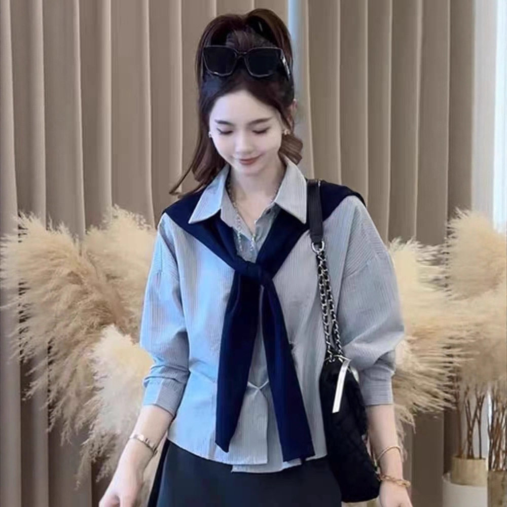 2025春秋季新款女士韩系条纹披肩长袖衬衫两件套宽松显瘦减龄上衣