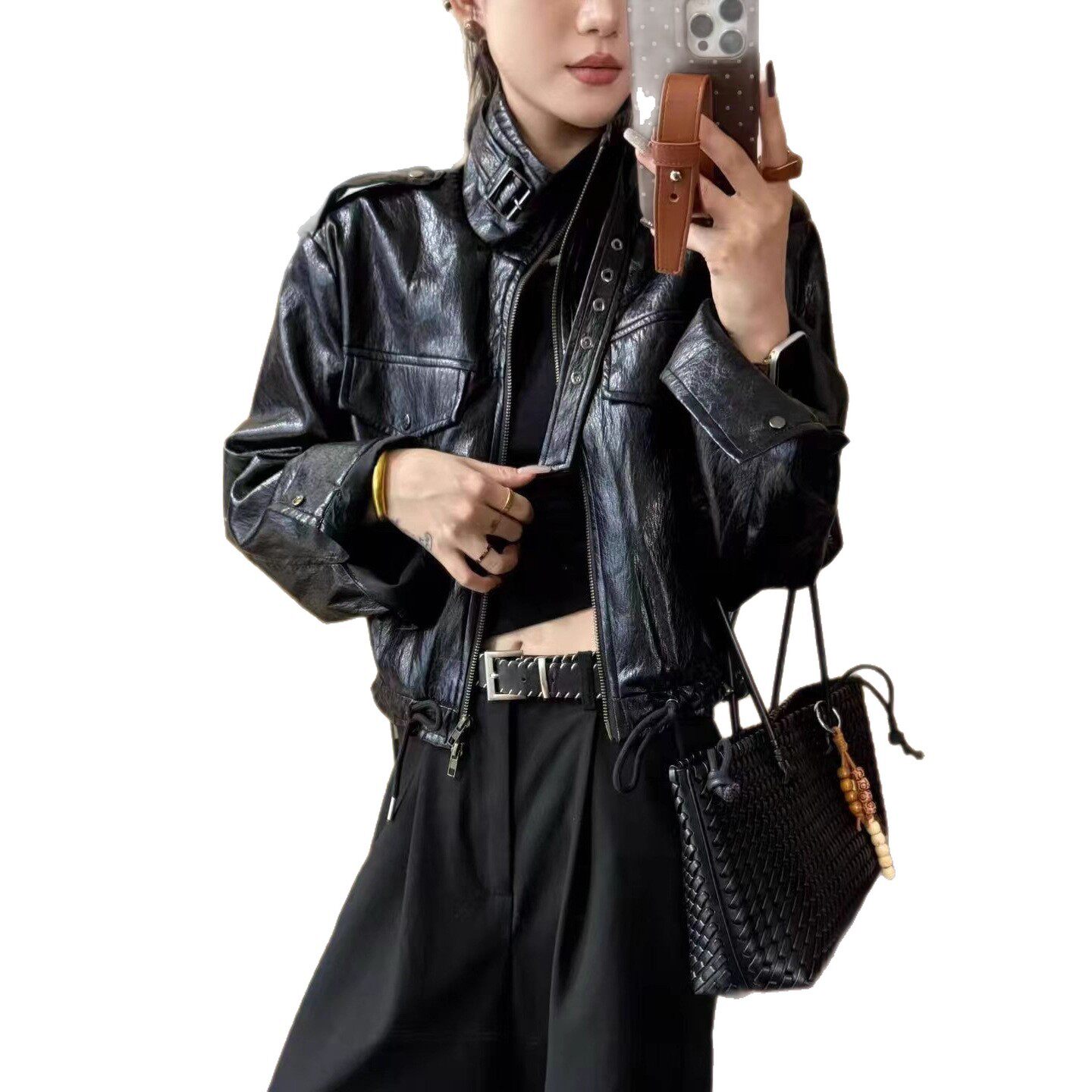 立领皮衣女2025秋季新款短款抽绳百搭夹克PU皮外套海宁皮衣女款