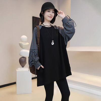假两件圆领卫衣女春秋款2025新款爆款中长款上衣女遮屁股洋气