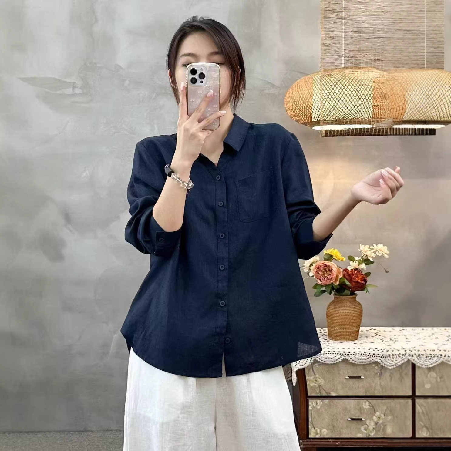 26年春款衬衫女长袖亚麻衬衣上衣宽松休闲韩版慵懒风衬衣开衫薄款