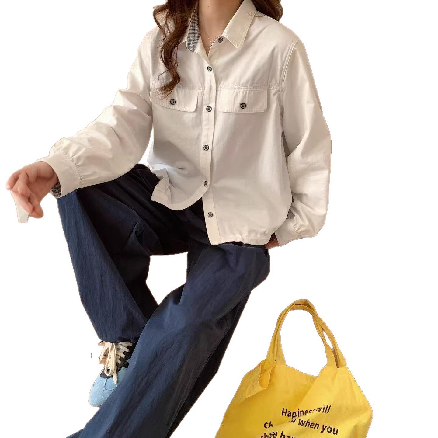 26年春款衬衫外套女新款拼格宽松休闲韩版学院风长袖外套上衣衬衫