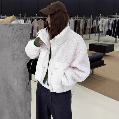 羊羔毛拼接立领短款羽绒服女2025秋冬灰色宽松显瘦白鸭绒保暖外套