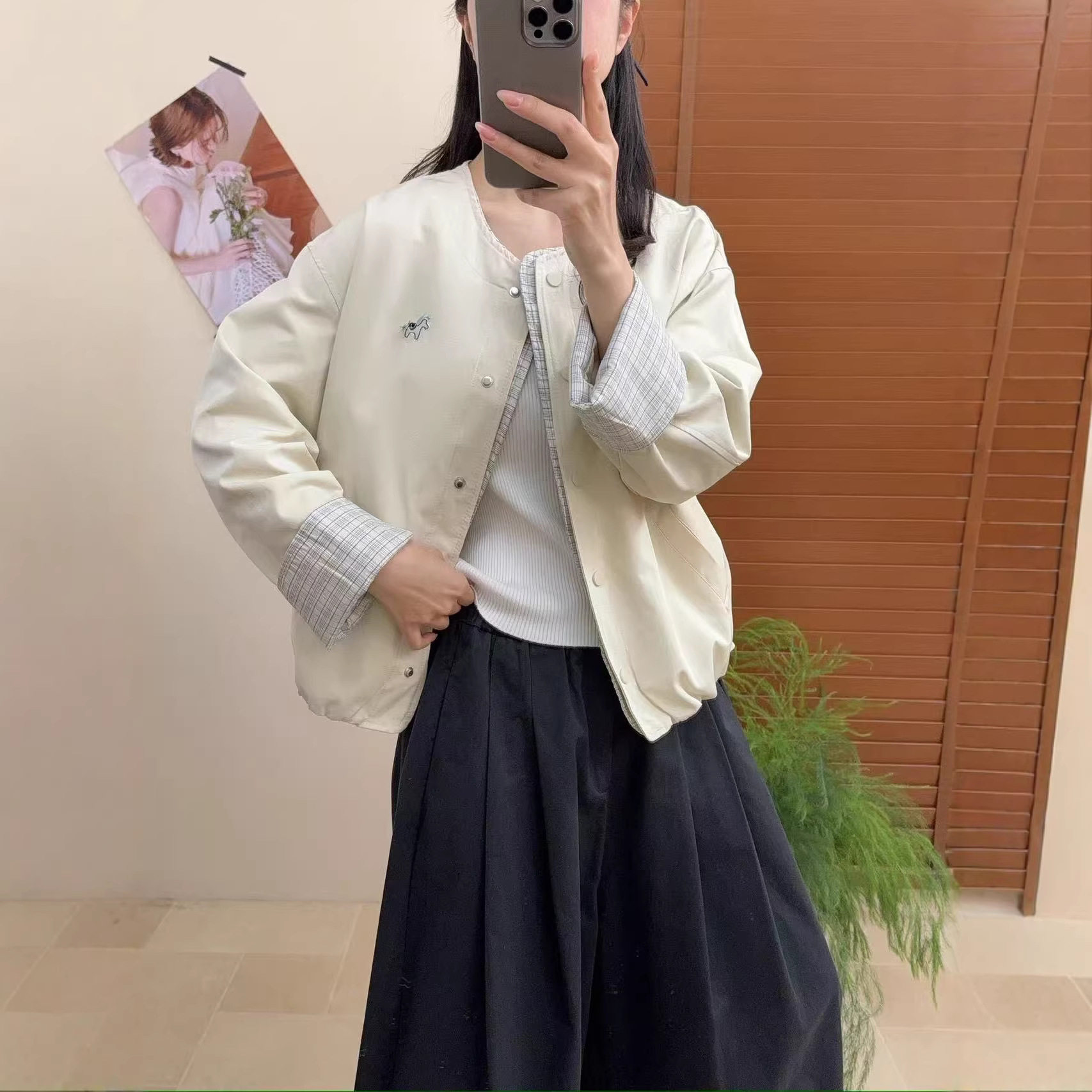 26年春款外套女撞色格子外套长袖棒球服夹克上衣新款宽松休闲外套