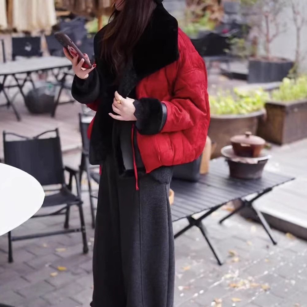 韩版大翻领拼接羽绒服女2025冬季新款宽松显瘦圣诞红白鸭绒外套潮,女装/女士精品,羽绒服,淘宝优惠券,粉丝福利购,淘宝优惠卷