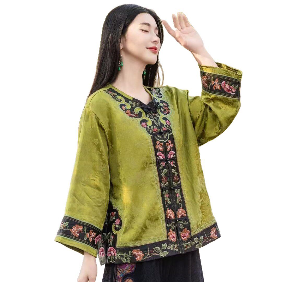 26年春款外套刺绣复古盘扣长袖外套上衣民族风撞色外套新款新中式