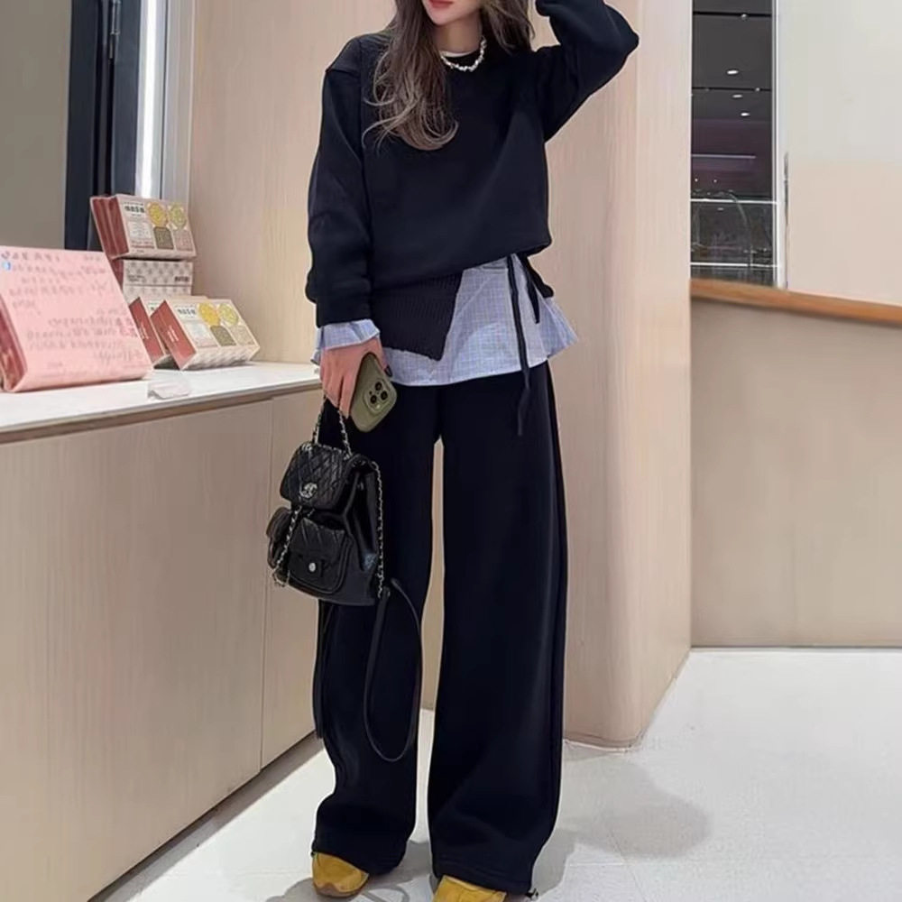 韩系拼接假两件卫衣+屁帘+卫裤三件套女2026春秋新款宽松显瘦套装