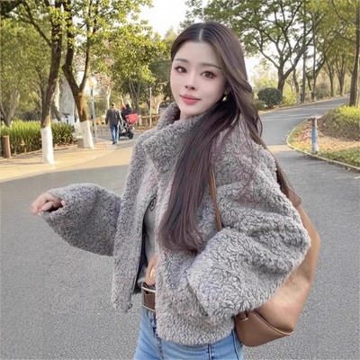 立领短款皮毛一体外套女2025冬季新款小个子加厚保暖羊羔毛上衣