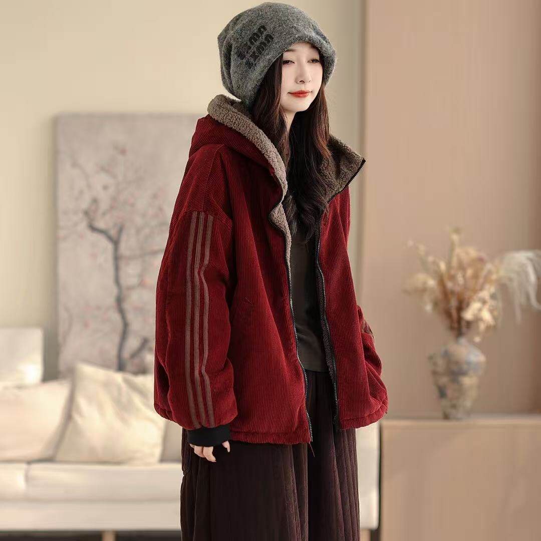 2026年冬款棉服加绒加厚保暖外套上衣连帽学院风棉袄新款宽松棉服