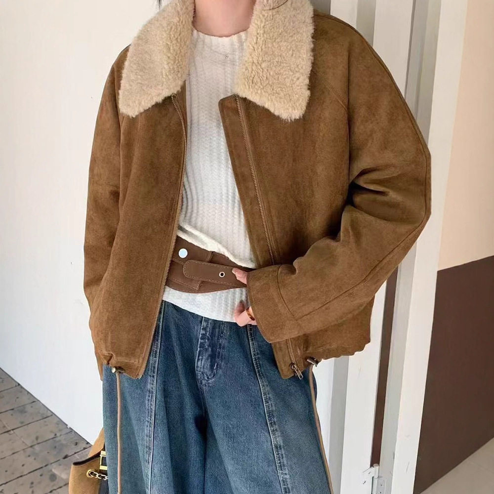 韩系翻领短款棉服女2025秋冬季新款宽松百搭麂皮绒上衣二棉衣外套