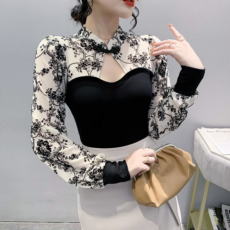 复古印花网纱打底衫性感镂空上衣