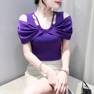 T恤气质显瘦半袖 时尚 减龄钉钻上衣女夏季 性感露肩镂空短袖 体恤衫