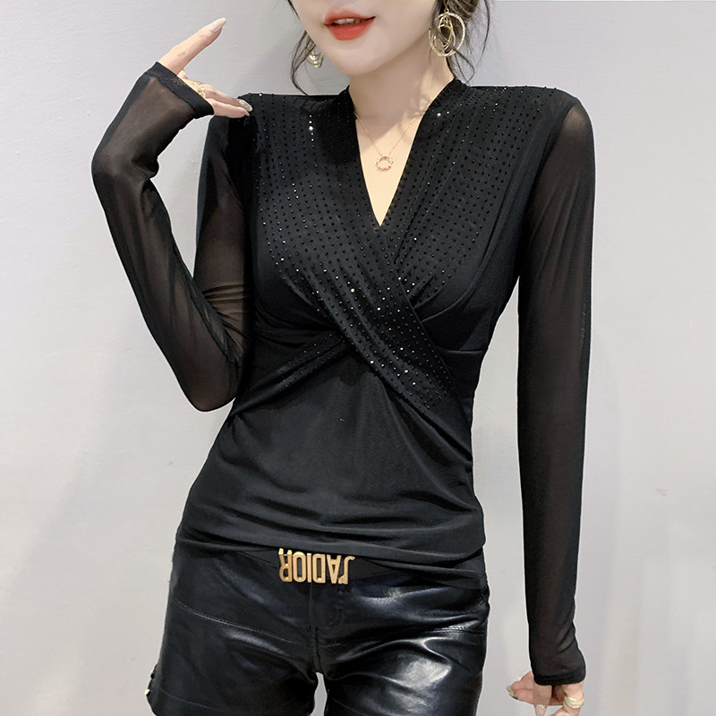 时尚烫钻性感网纱打底衫女长袖