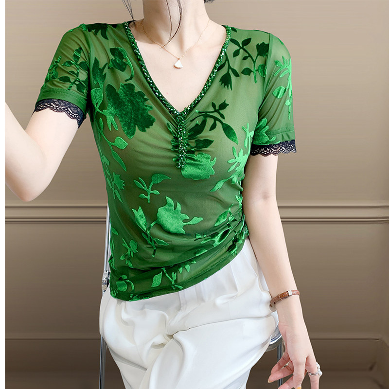 性感V领透视网纱上衣女夏装新款时尚植绒印花钉珠短袖T恤修身小衫