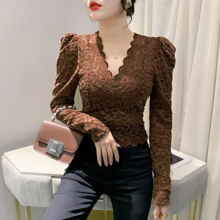 秋冬气质镂空网纱上衣紧身内搭加绒打底小衫 性感V领蕾丝衫 女长袖