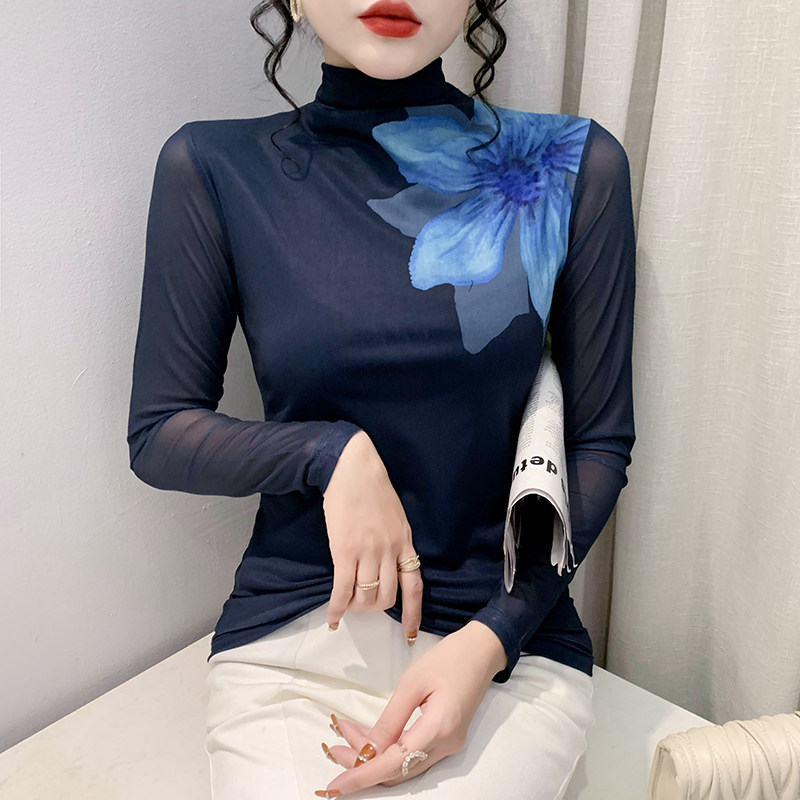 高领网纱打底衫长袖紧身内搭上衣