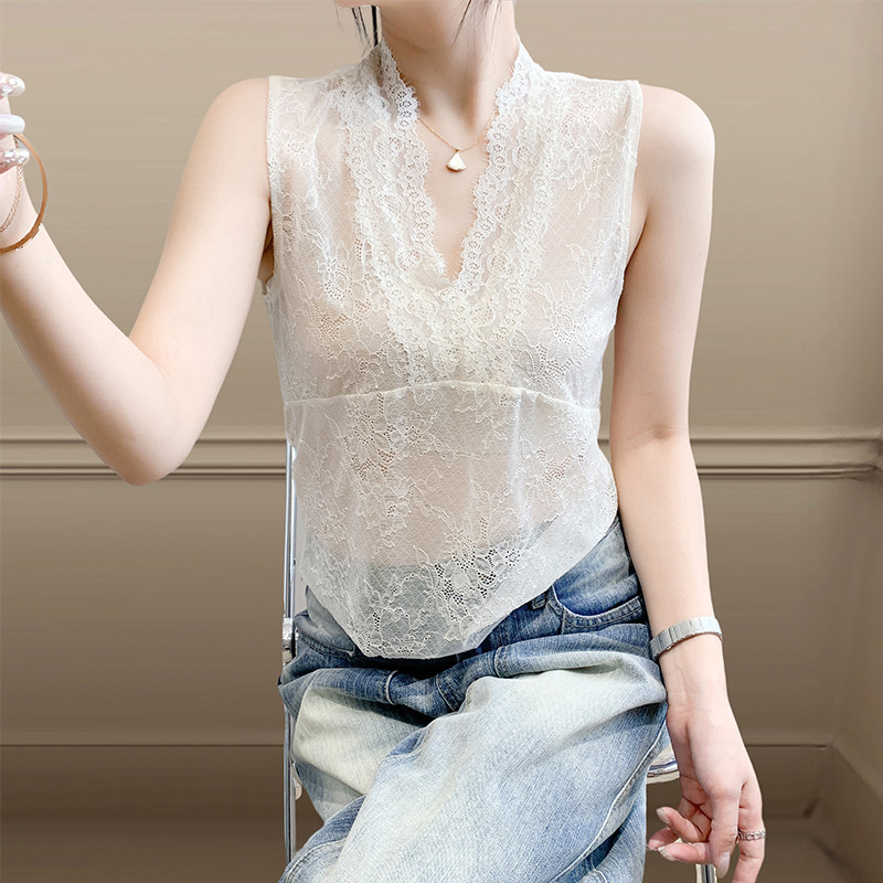性感V领透视蕾丝衫女夏装新款气质百搭无袖上衣修身透气背心小衫