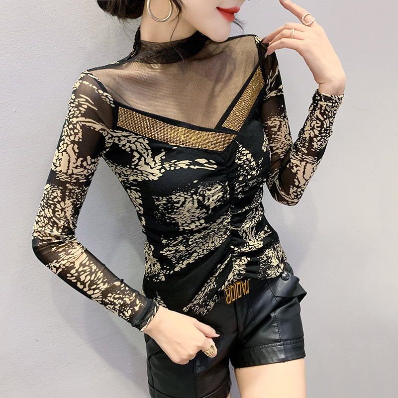 半高领加绒打底衫女长袖网纱上衣