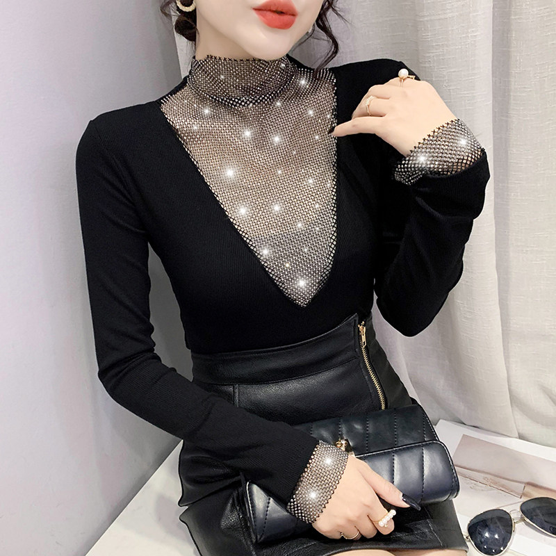 欧洲站女装气质性感镂空烫钻长袖T恤洋气上衣加绒加厚打底衫秋冬