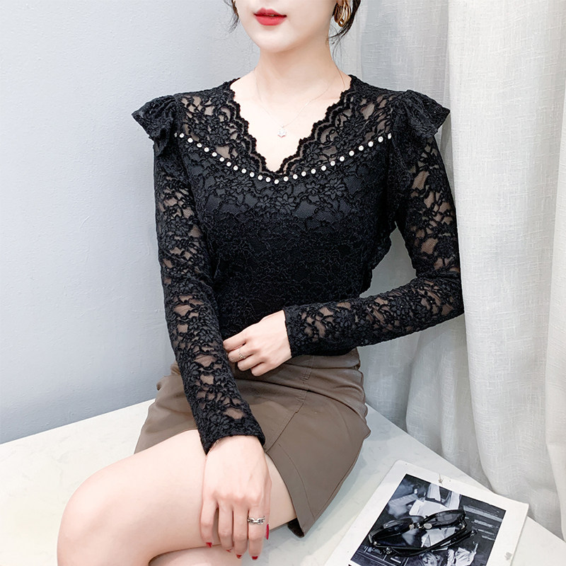 欧货性感V领钉钻蕾丝打底衫女