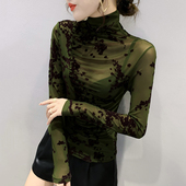 T恤小衫 加绒高领蕾丝打底衫 女秋冬欧货植绒网纱上衣紧身内搭长袖