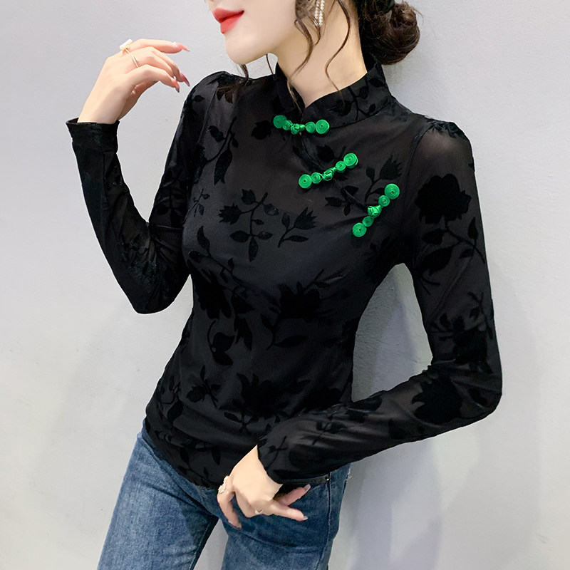 植绒网纱打底衫女装长袖内搭上衣