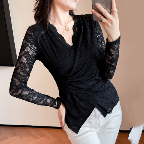 欧货性感V领交叉下摆开叉蕾丝衫