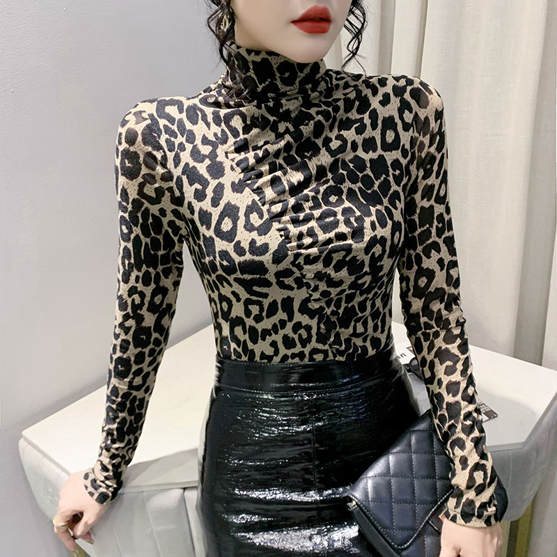 高领网纱打底衫长袖紧身内搭上衣