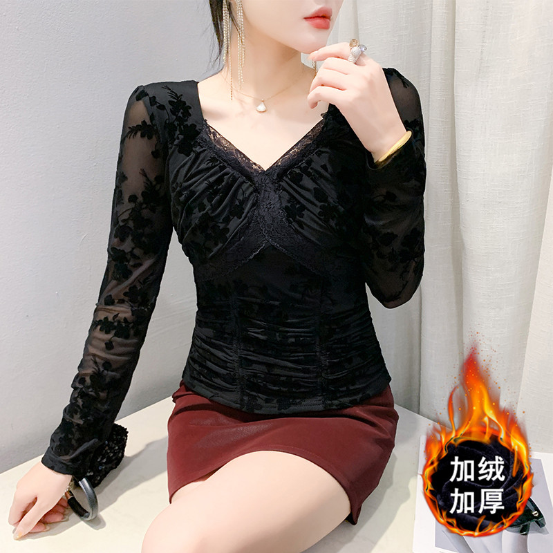 性感V领植绒网纱打底衫女