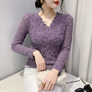 女长袖 性感镂空V领蕾丝衫 百搭打底衫 洋气上衣修身 女春秋欧货时尚