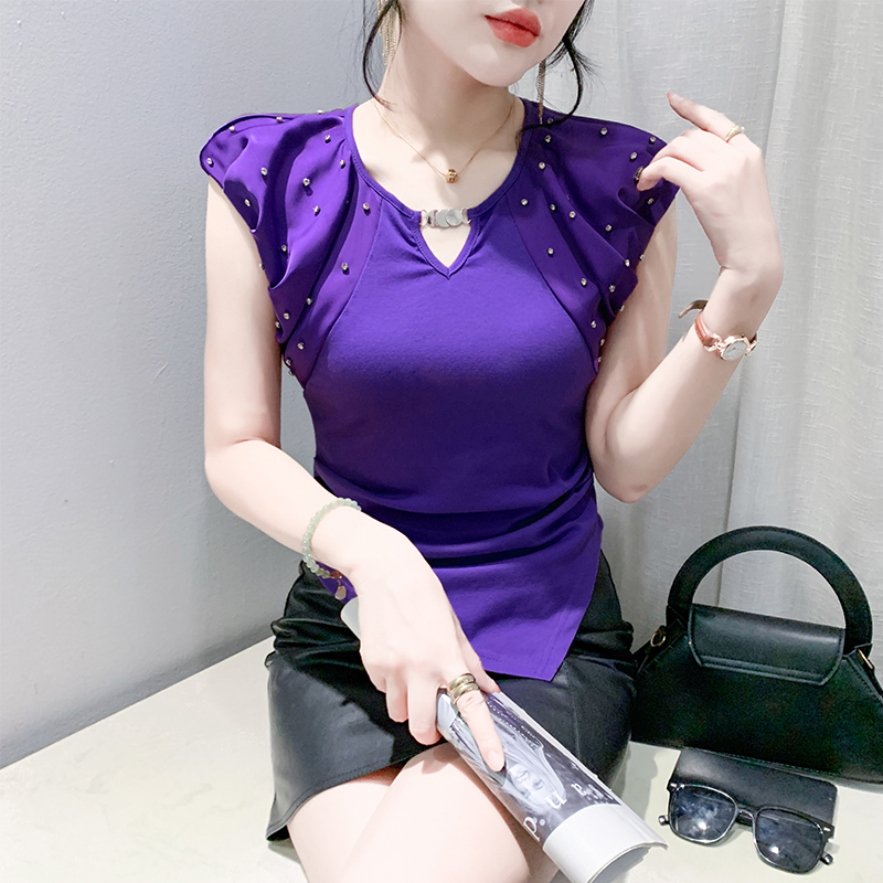 时尚不规则开叉重工钉珠上衣女