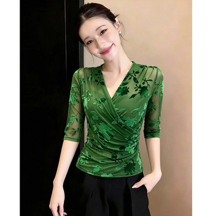 时尚植绒印花T恤女短袖夏季性感V领交叉上衣气质网纱薄款显瘦小衫