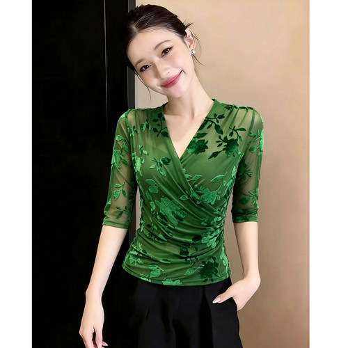 性感V领交叉植绒印花网纱T恤女