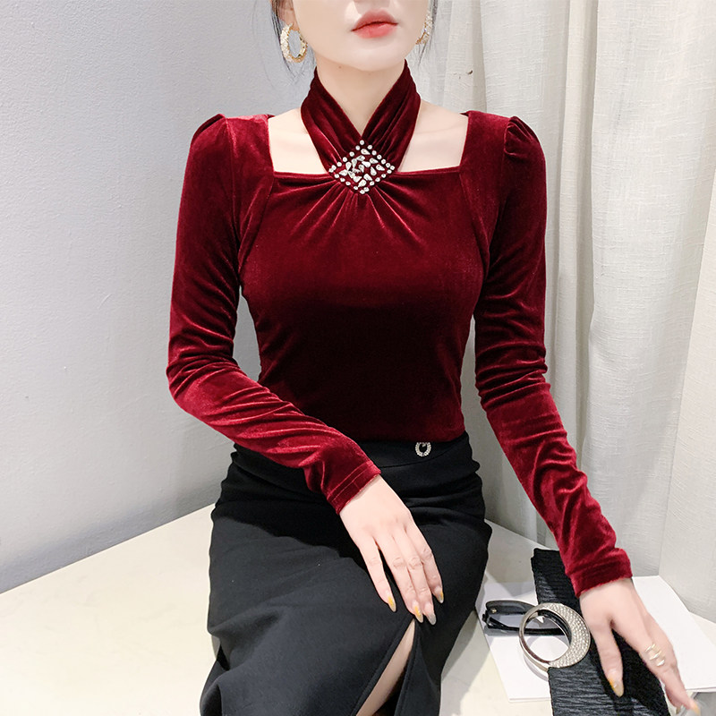 性感挂脖金丝绒钉钻修身打底衫潮