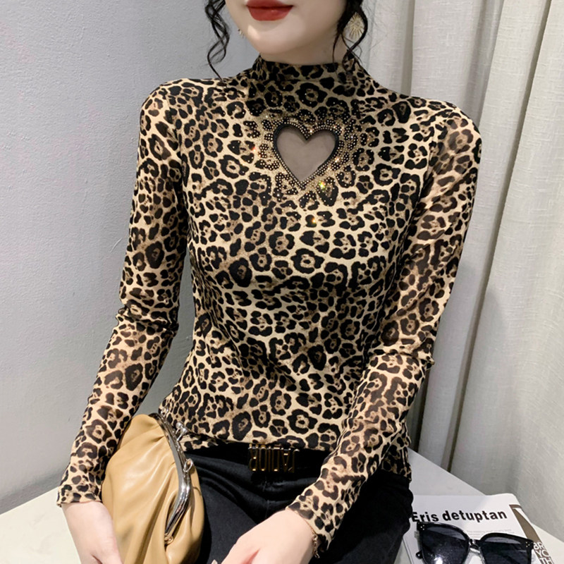 半高领加绒打底衫女长袖豹纹上衣