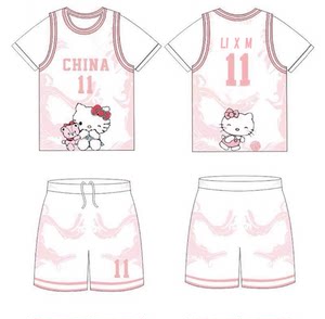 2024新款短袖假篮球服套装男女无袖班服比赛服定制卡通hellokitty