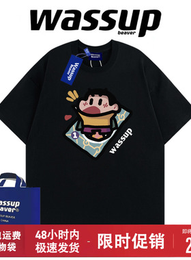 WASSUP BEAVER美式夏季蜡笔小新印花短袖男女情侣宽松休闲t恤上衣