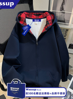 WASSUP BEAVER美式加绒连帽卫衣秋冬款男女宽松格子拼接开衫外套